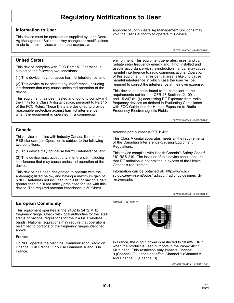 Regulatory notifications to user, Information to user, United states | Canada, European community, Section 10 | John Deere OMPFP12436 User Manual | Page 8 / 36