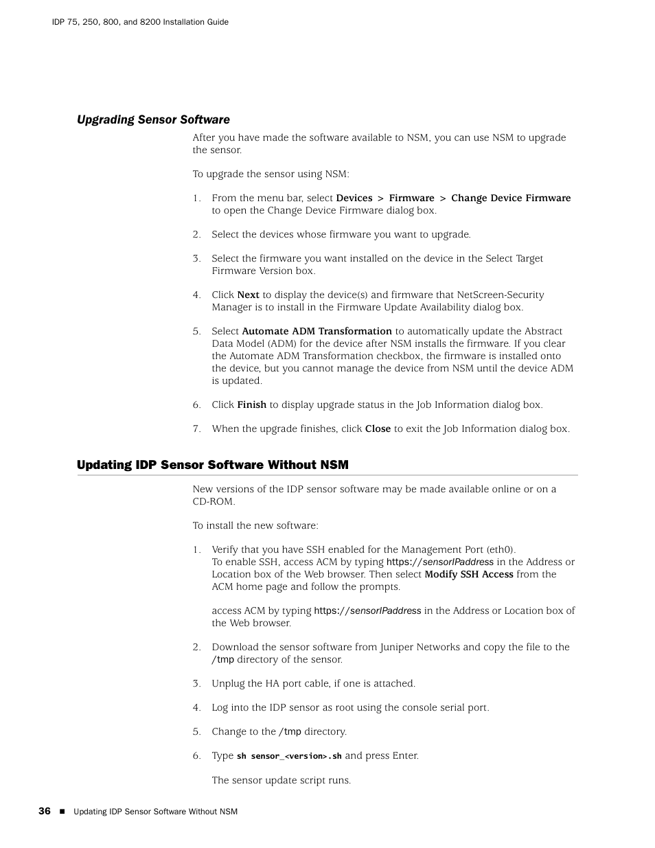 Upgrading sensor software, Updating idp sensor software without nsm | Juniper Networks IDP 800 User Manual | Page 50 / 68
