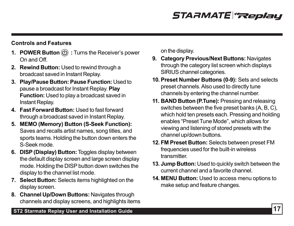 Sirius Satellite Radio STAREMATE REPLAY ST2 User Manual | Page 17 / 60