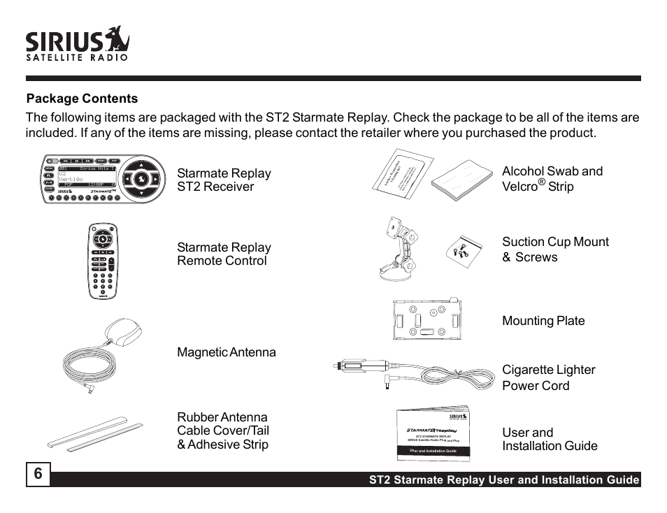 Package contents, St2 starmate replay user and installation guide, P. tune s-seek | Mute | Sirius Satellite Radio STAREMATE REPLAY ST2 User Manual | Page 6 / 60