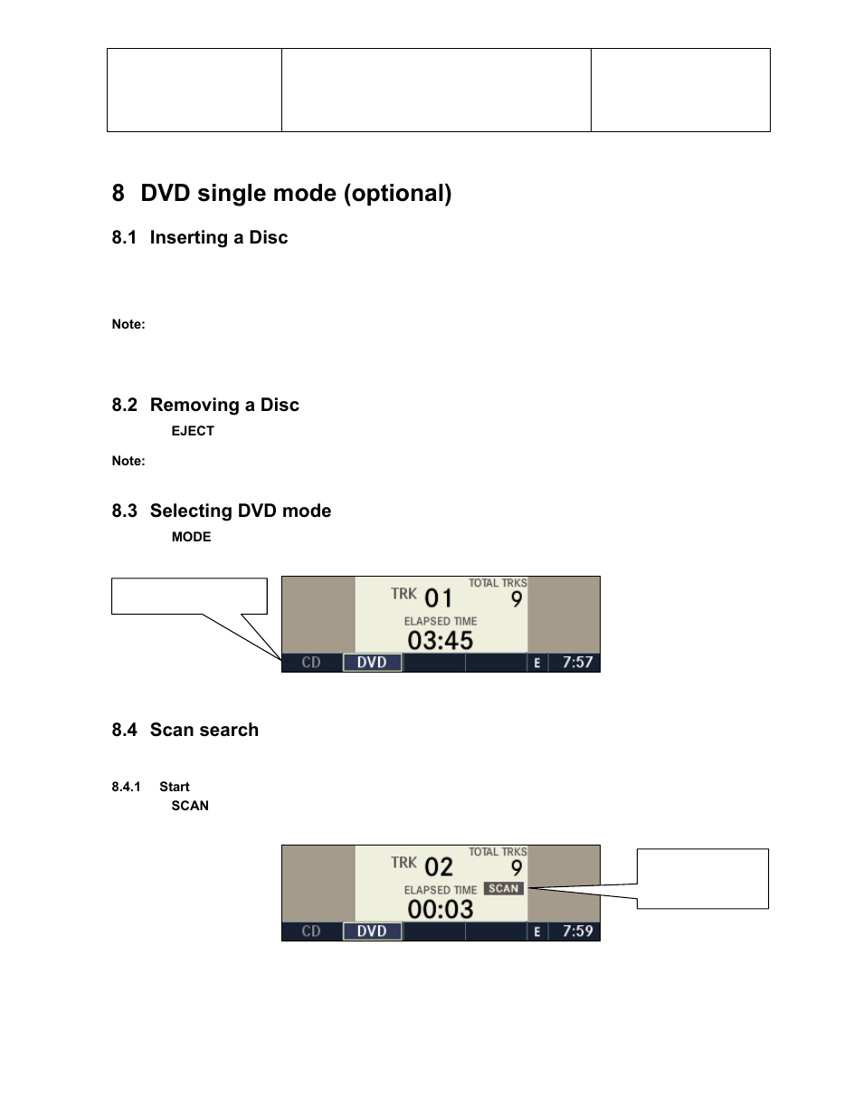 8 dvd single mode (optional), 1 inserting a disc, 2 removing a disc | 3 selecting dvd mode, 4 scan search | Sirius Satellite Radio Chrysler Radio Navigation System RB4 User Manual | Page 42 / 86