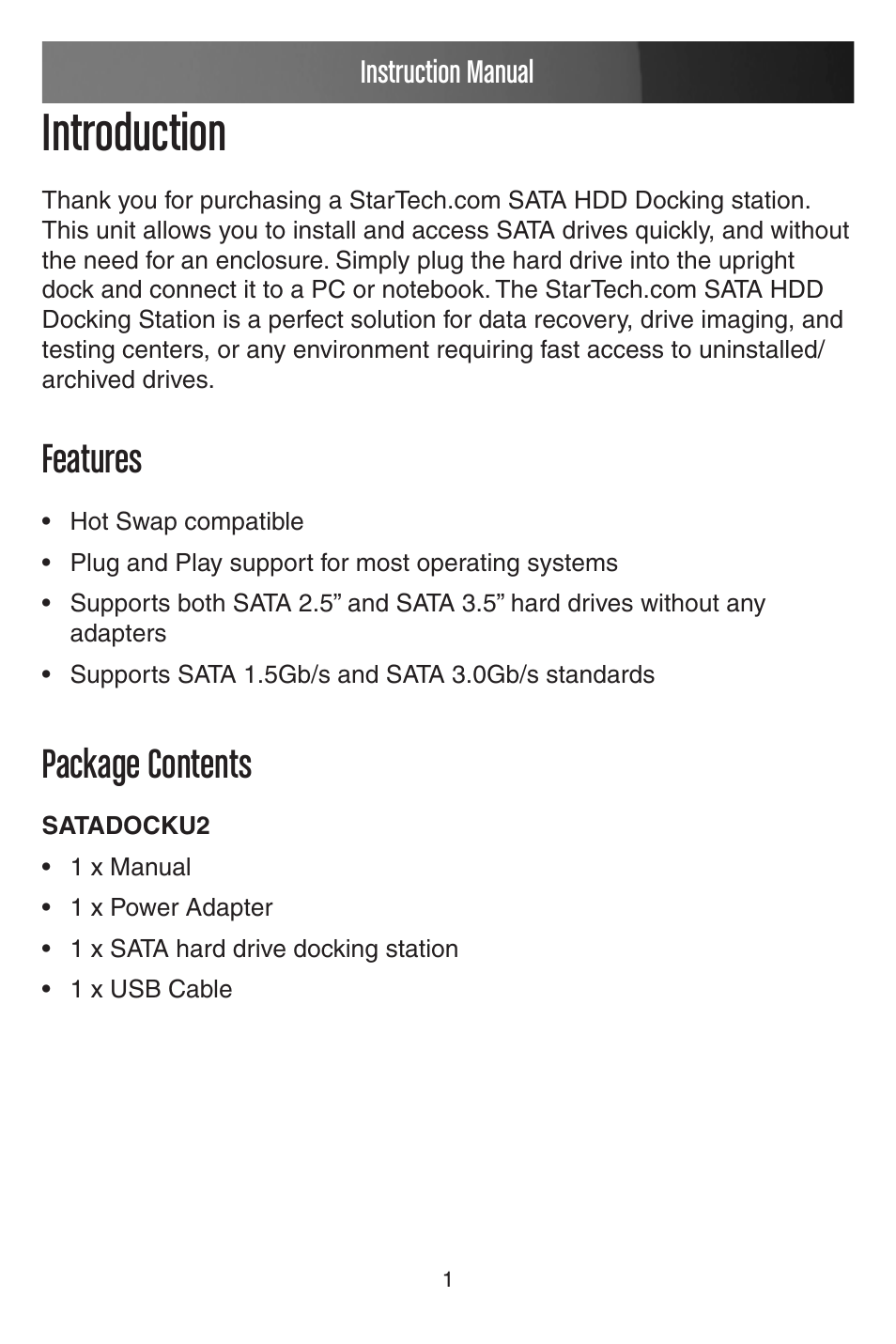 Introduction, Features, Package contents | Instruction manual | StarTech.com SATADOCKU2 User Manual | Page 4 / 15