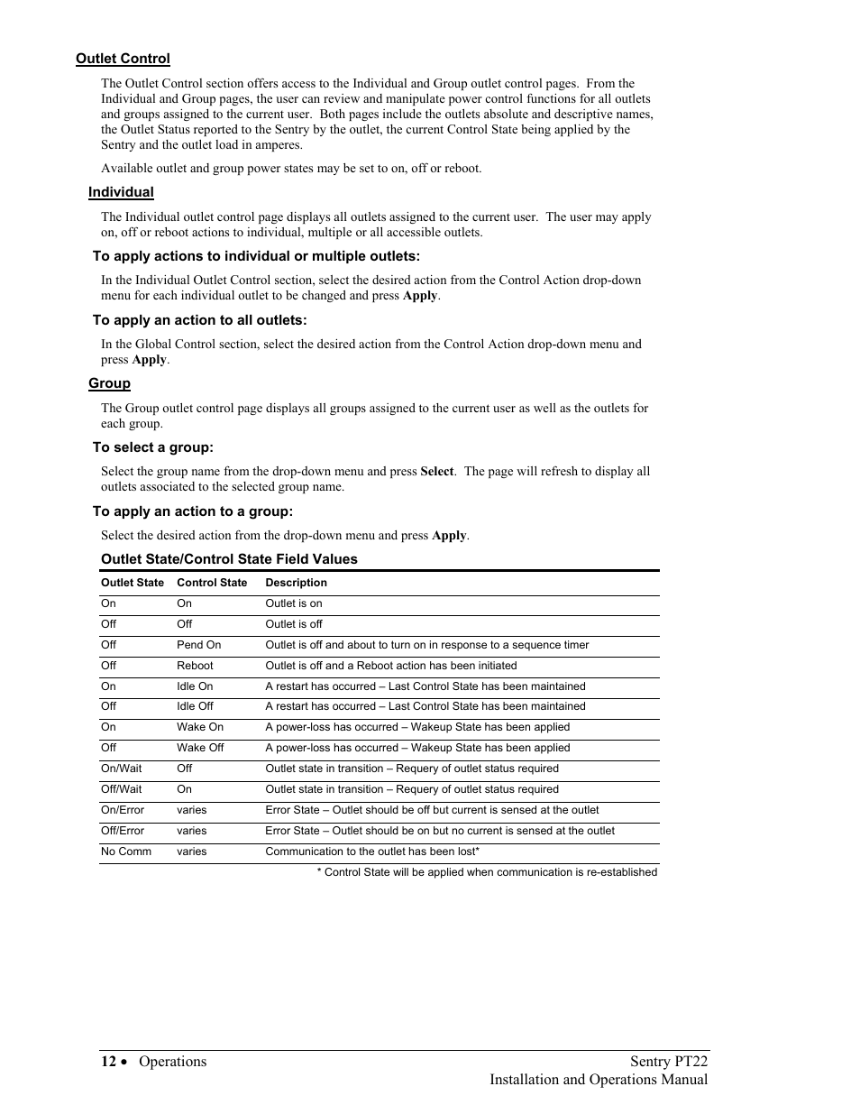 Outlet control, Individual, To apply actions to individual or multiple outlets | To apply an action to all outlets, Group, To select a group, To apply an action to a group | Sentry Industries PT22 User Manual | Page 12 / 74