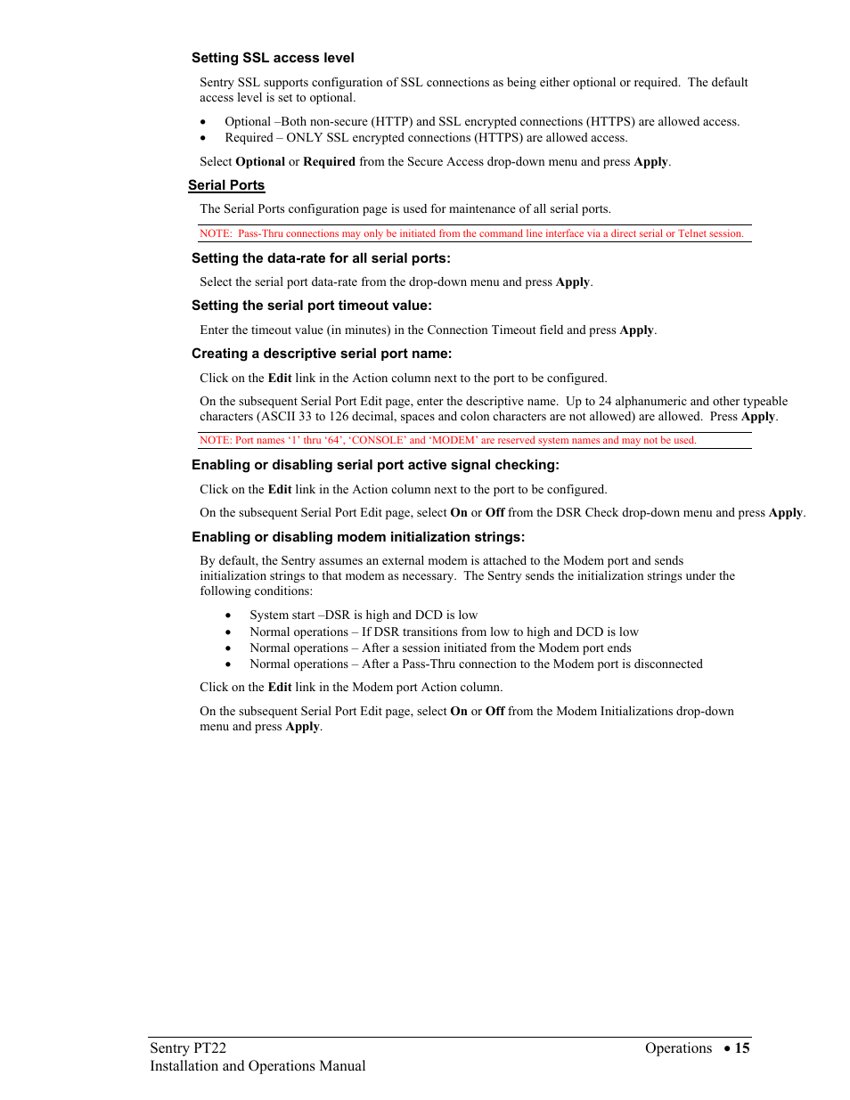 Setting ssl access level, Serial ports, Setting the data-rate for all serial ports | Setting the serial port timeout value, Creating a descriptive serial port name, Enabling or disabling modem initialization strings | Sentry Industries PT22 User Manual | Page 15 / 74