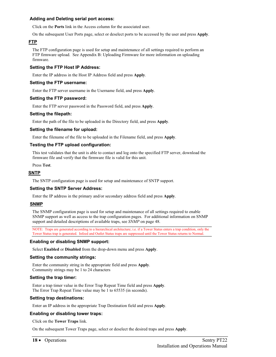 Adding and deleting serial port access, Setting the ftp host ip address, Setting the ftp username | Setting the ftp password, Setting the filepath, Setting the filename for upload, Testing the ftp upload configuration, Sntp, Setting the sntp server address, Snmp | Sentry Industries PT22 User Manual | Page 18 / 74