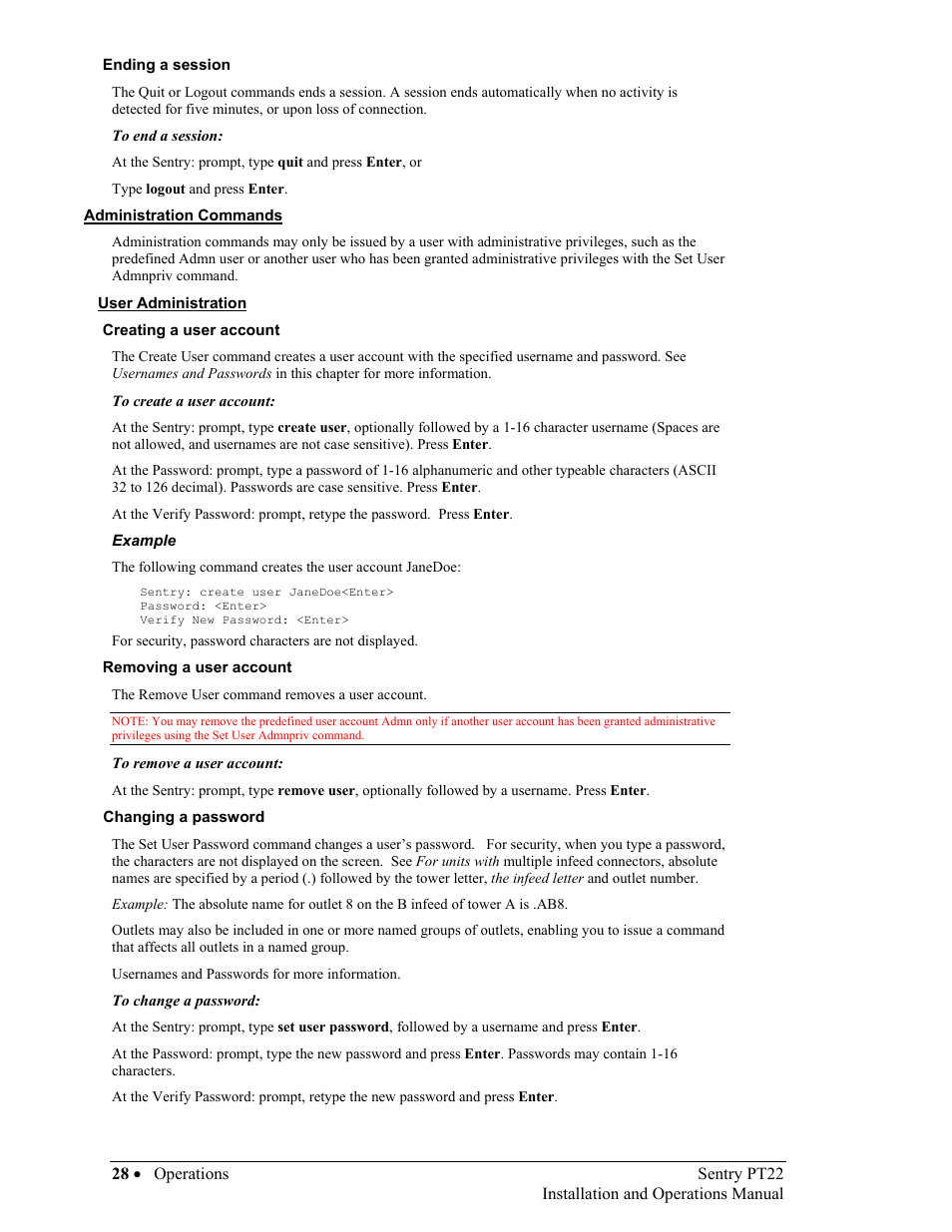 Ending a session, Administration commands, User administration | Creating a user account, Removing a user account, Changing a password, Administration commands 28 | Sentry Industries PT22 User Manual | Page 28 / 74