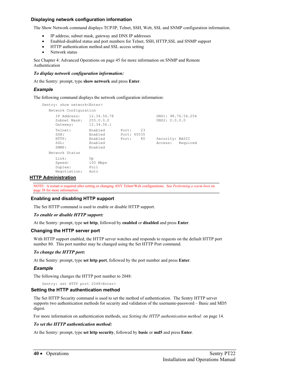 Displaying network configuration information, Http administration, Enabling and disabling http support | Changing the http server port, Setting the http authentication method | Sentry Industries PT22 User Manual | Page 40 / 74