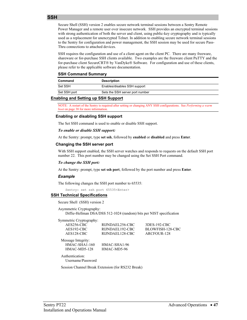 Enabling and setting up ssh support, Enabling or disabling ssh support, Changing the ssh server port | Ssh technical specifications, 47 in, Enabling and setting up ssh support 47, Ssh technical specifications 47 | Sentry Industries PT22 User Manual | Page 47 / 74