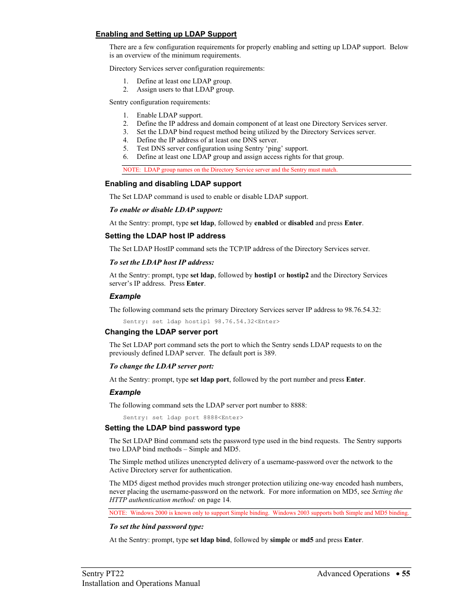 Enabling and setting up ldap support, Enabling and disabling ldap support, Setting the ldap host ip address | Changing the ldap server port, Setting the ldap bind password type, Enabling and setting up ldap support 55 | Sentry Industries PT22 User Manual | Page 55 / 74