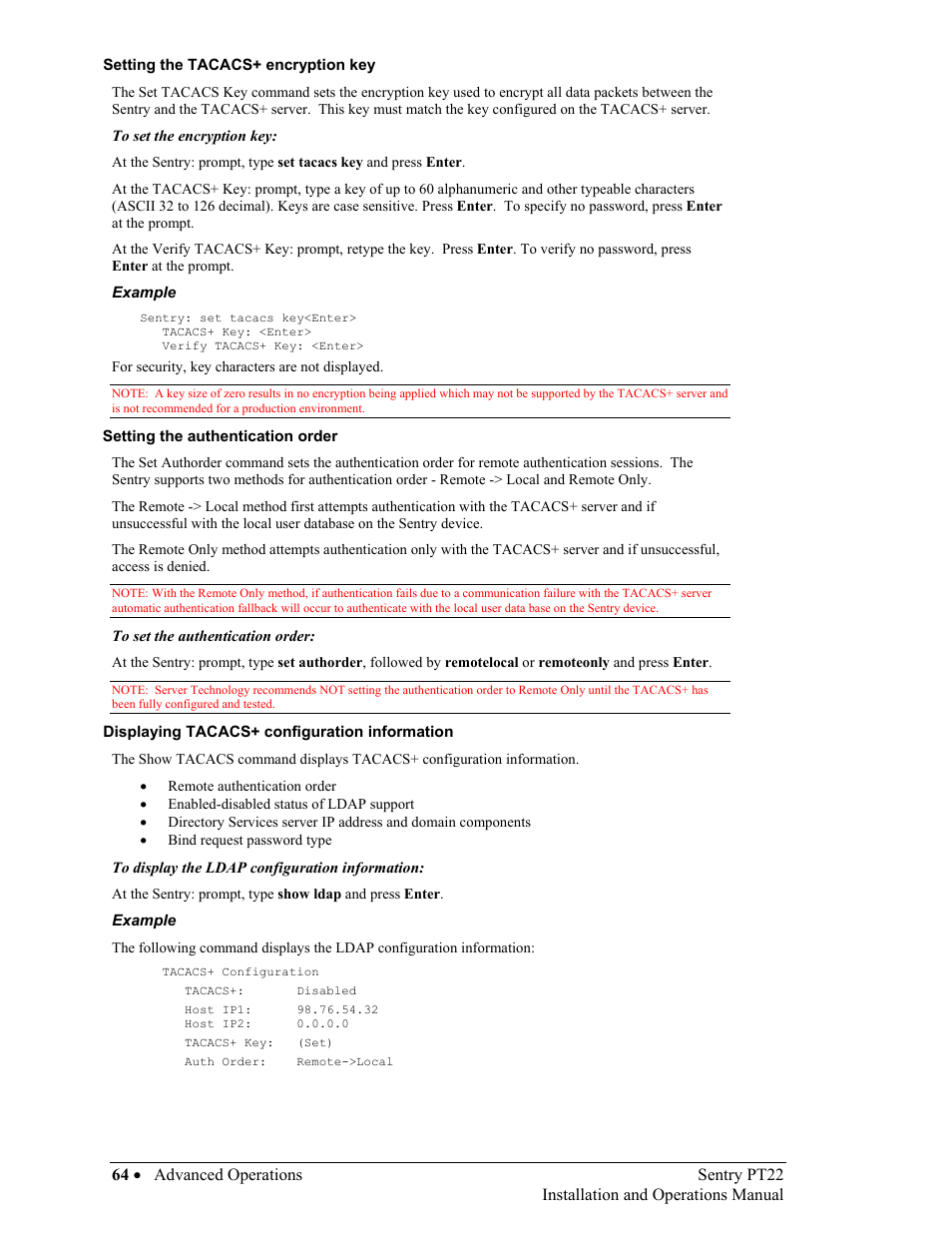 Setting the tacacs+ encryption key, Setting the authentication order, Displaying tacacs+ configuration information | Sentry Industries PT22 User Manual | Page 64 / 74
