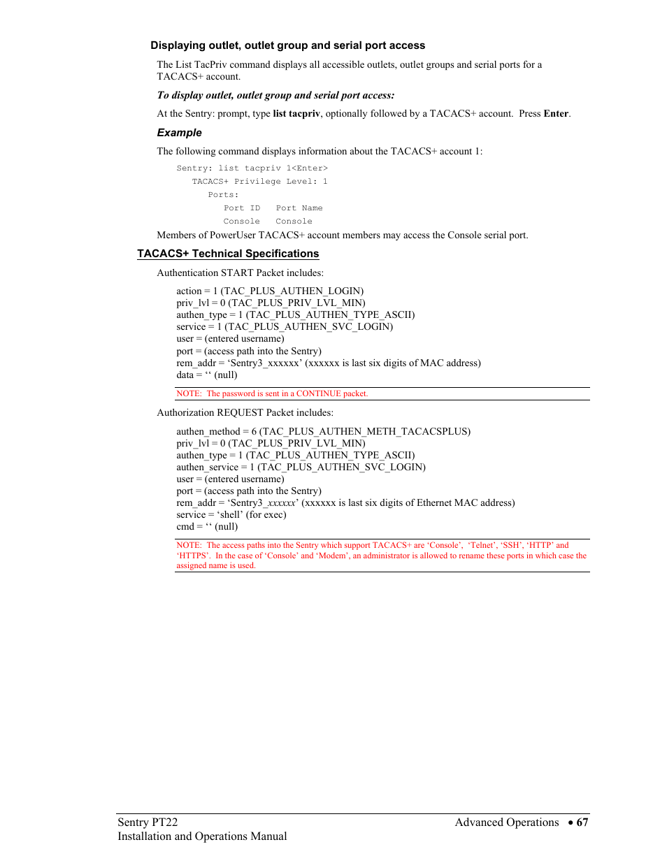 Tacacs+ technical specifications, Tacacs+ technical specifications 67 | Sentry Industries PT22 User Manual | Page 67 / 74