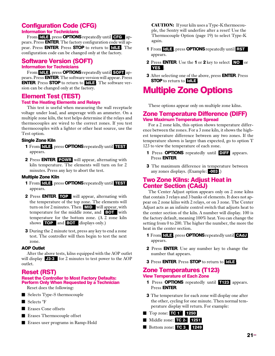 Configuration code (cfg), Software version (soft), Element test (test) | Reset (rst), Zone temperature, Difference (diff), Two zone kilns: adjust heat in, Center section (cadj), Zone temperatures (t123), Multiple zone options | Sentry Industries Sentry 2.0 User Manual | Page 21 / 32