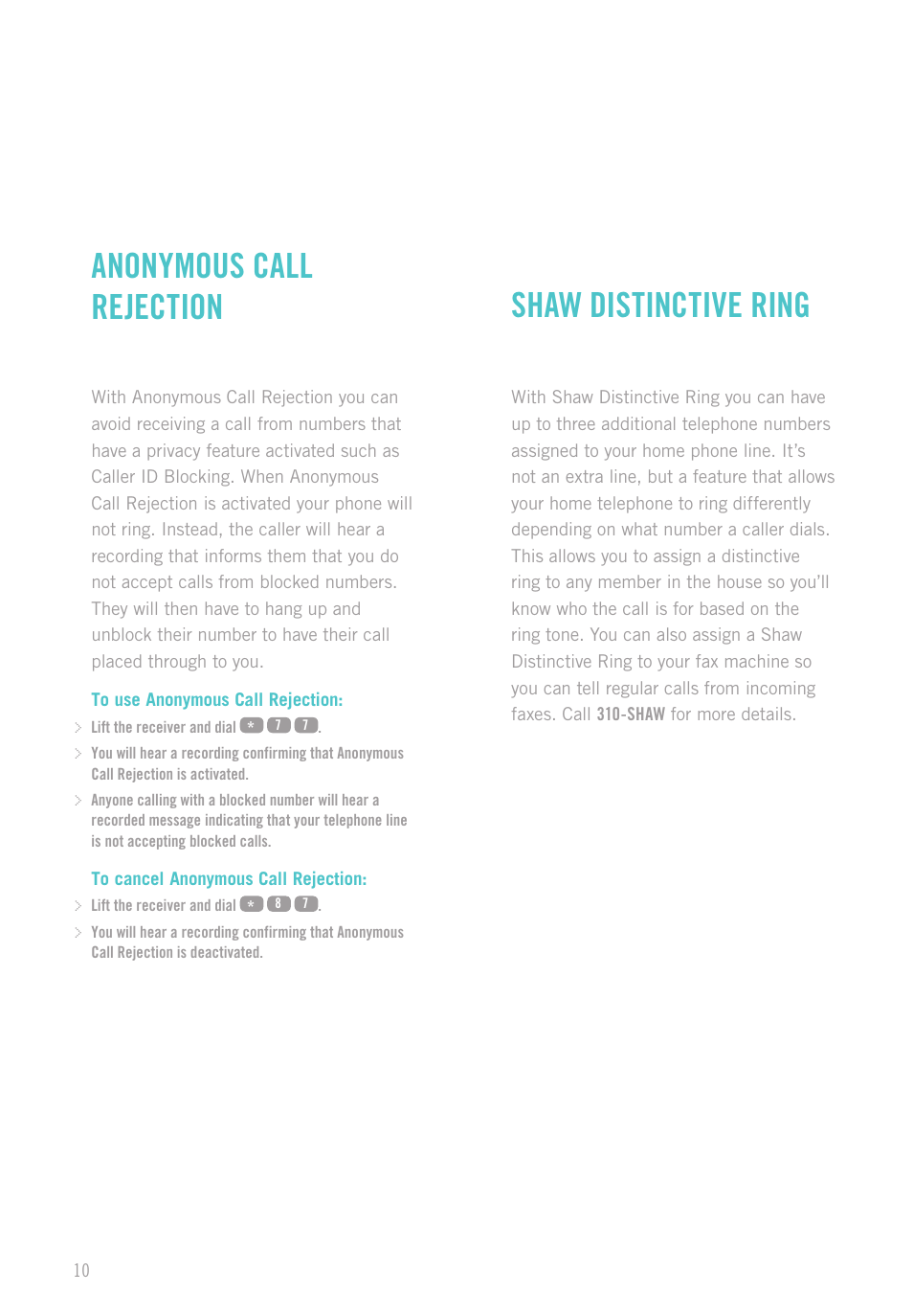 Anonymous call rejection shaw distinctive ring | Shaw digital Phone User Manual | Page 12 / 20