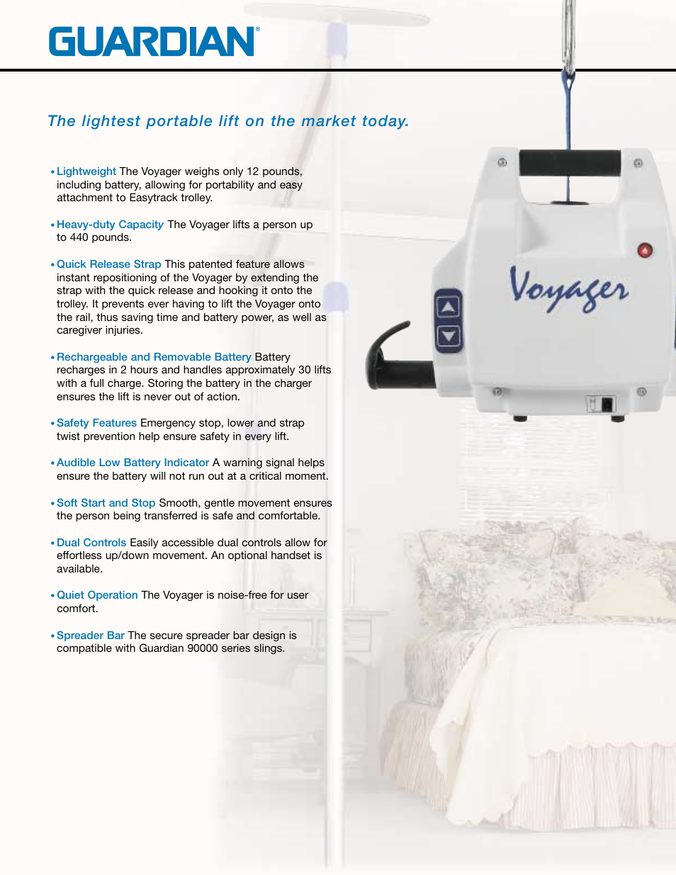 The lightest portable lift on the market today | Sunrise Medical Voyager Portable Ceiling Lift System 98000 User Manual | Page 6 / 8