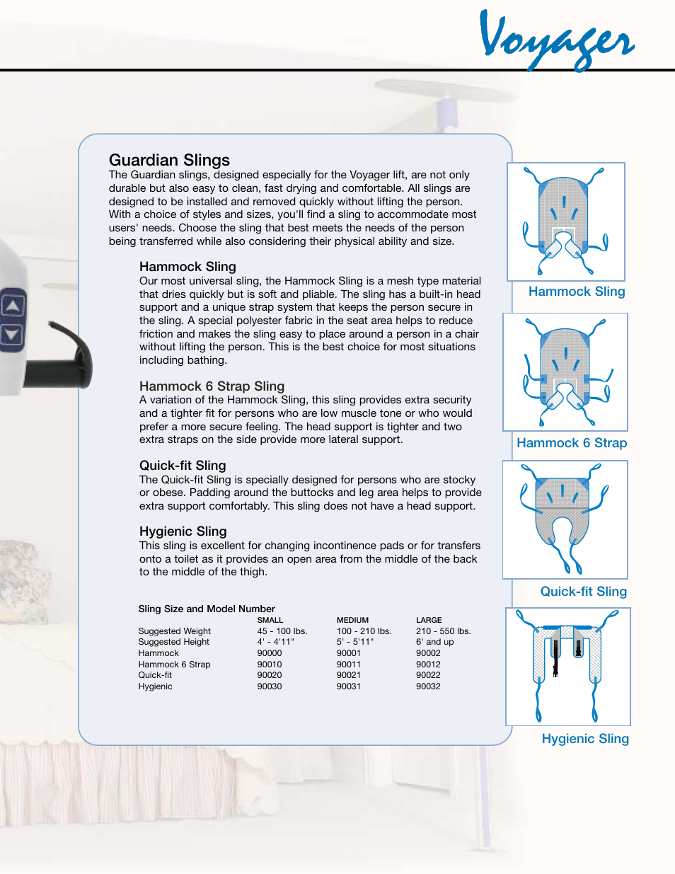 Guardian slings, Hammock sling, Hammock 6 strap sling | Quick-fit sling, Hygienic sling | Sunrise Medical Voyager Portable Ceiling Lift System 98000 User Manual | Page 7 / 8