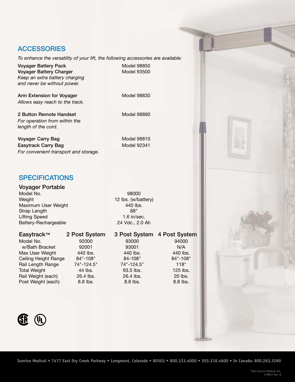 Specifications, Accessories | Sunrise Medical Voyager Portable Ceiling Lift System 98000 User Manual | Page 8 / 8