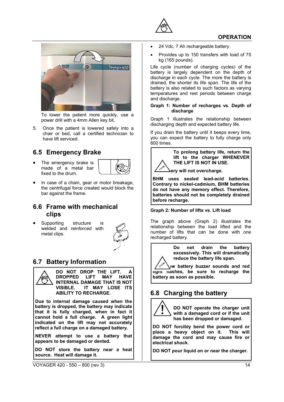 5 emergency brake, 6 frame with mechanical clips, 7 battery information | 8 charging the battery | Sunrise Medical Series 550 User Manual | Page 14 / 26