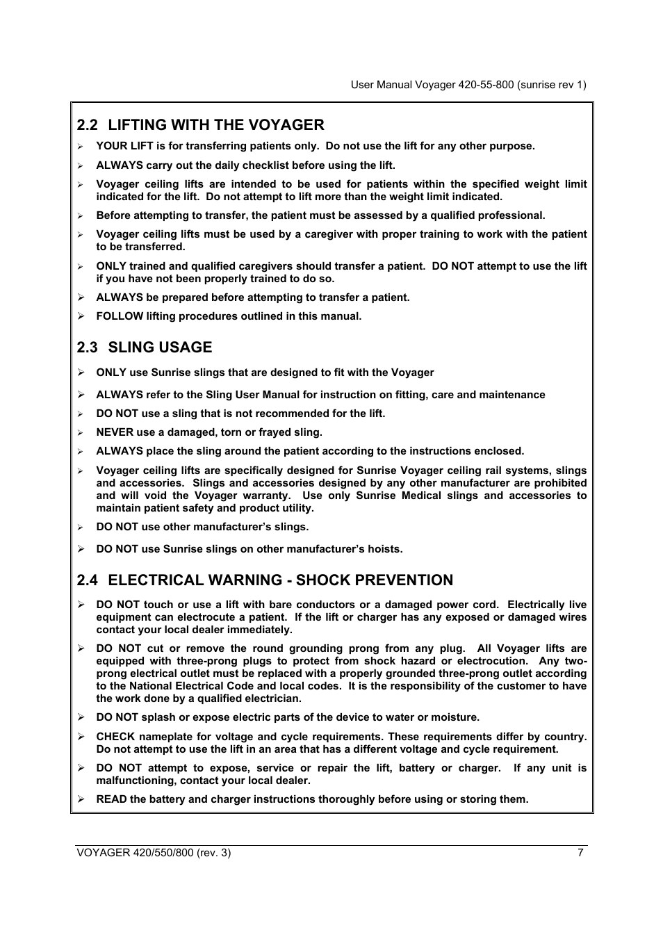 2 lifting with the voyager, 3 sling usage, 4 electrical warning - shock prevention | Sunrise Medical Series 550 User Manual | Page 7 / 26