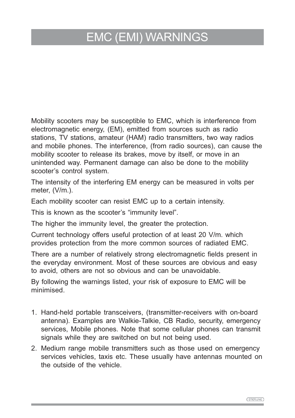 Emc (emi) warnings | Sunrise Medical SAPPHIRE 3 User Manual | Page 12 / 39