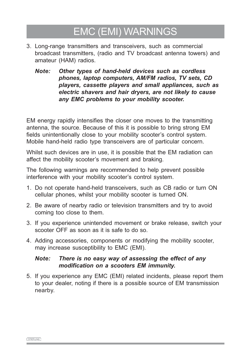 Emc (emi) warnings | Sunrise Medical SAPPHIRE 3 User Manual | Page 13 / 39