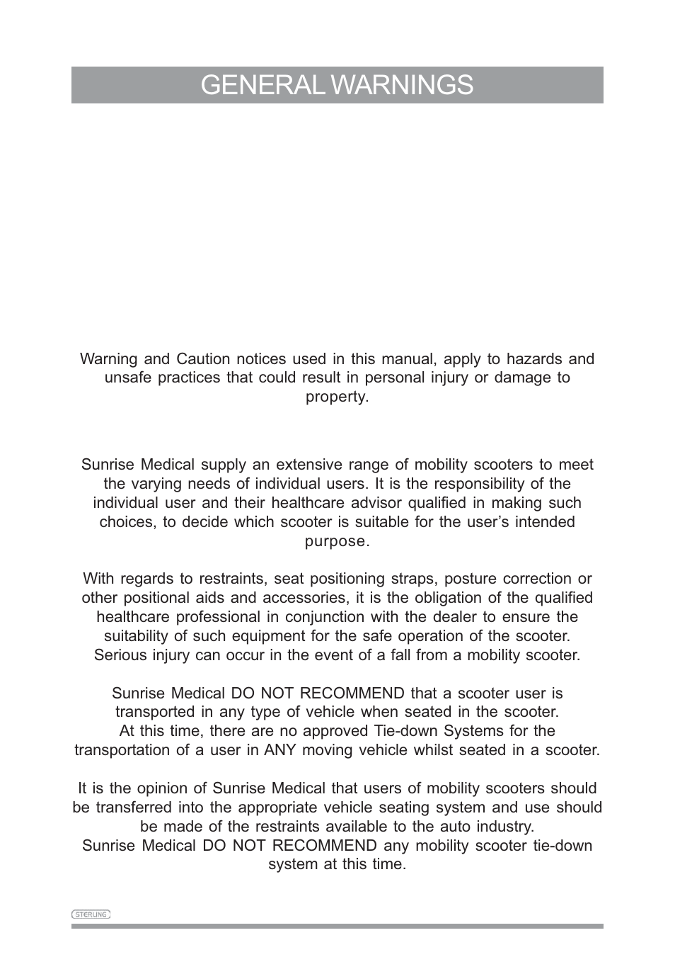 General warnings, Warning | Sunrise Medical SAPPHIRE 3 User Manual | Page 7 / 39