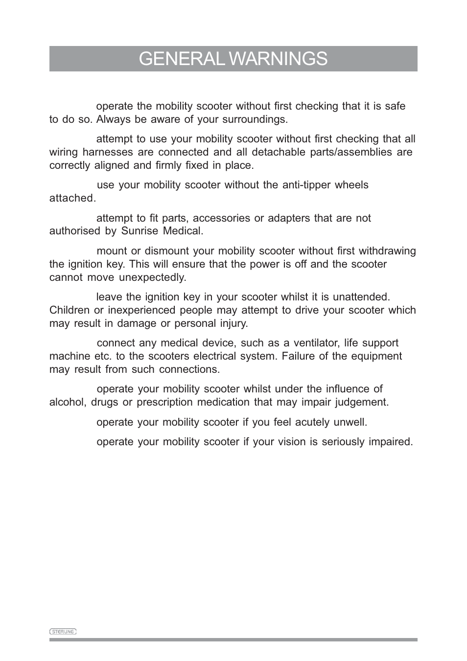 General warnings | Sunrise Medical SAPPHIRE 3 User Manual | Page 9 / 39