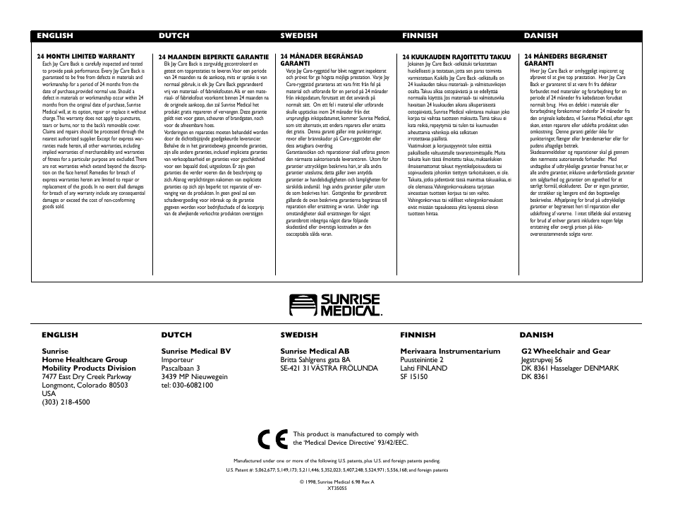 Sunrise Medical Jay Care Back 3500 Series User Manual | Page 10 / 10
