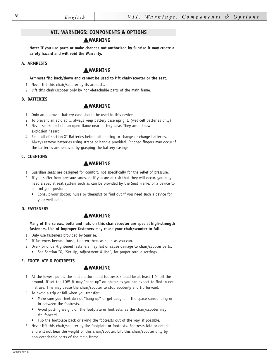 Vii. warnings: components & options | Sunrise Medical Ruby User Manual | Page 16 / 100