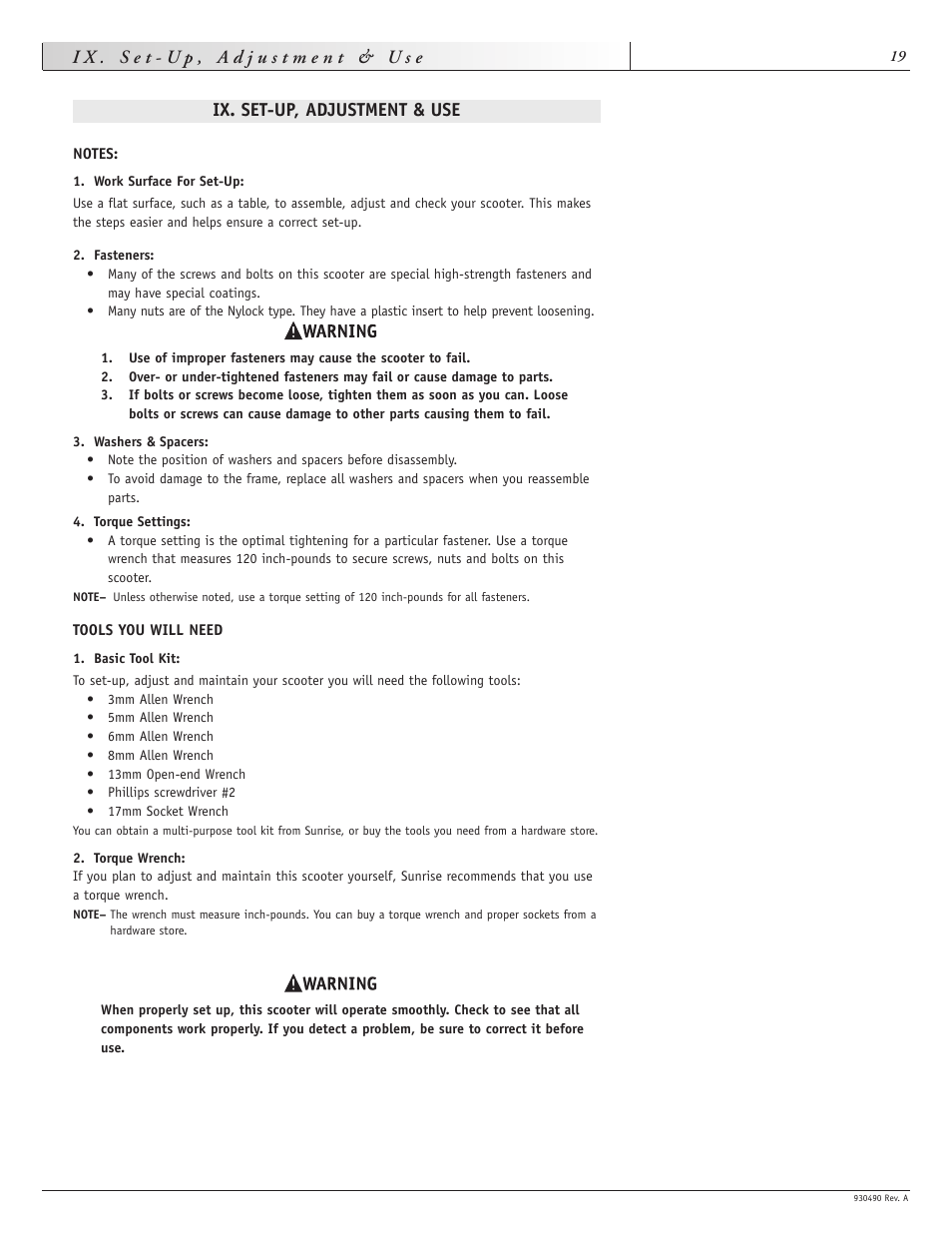 Ix. set-up, adjustment & use | Sunrise Medical Trek 3 User Manual | Page 19 / 31