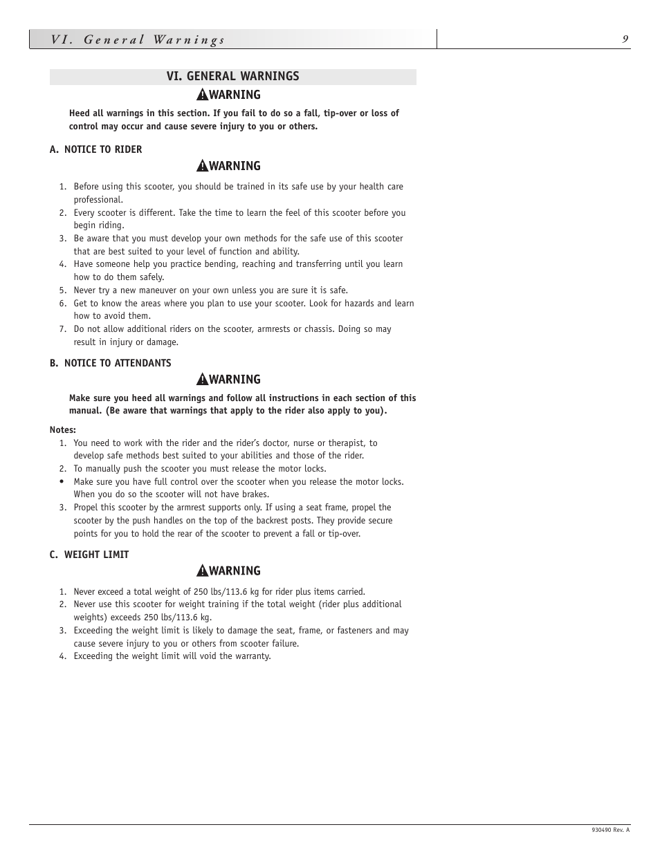 Vi. general warnings | Sunrise Medical Trek 3 User Manual | Page 9 / 31