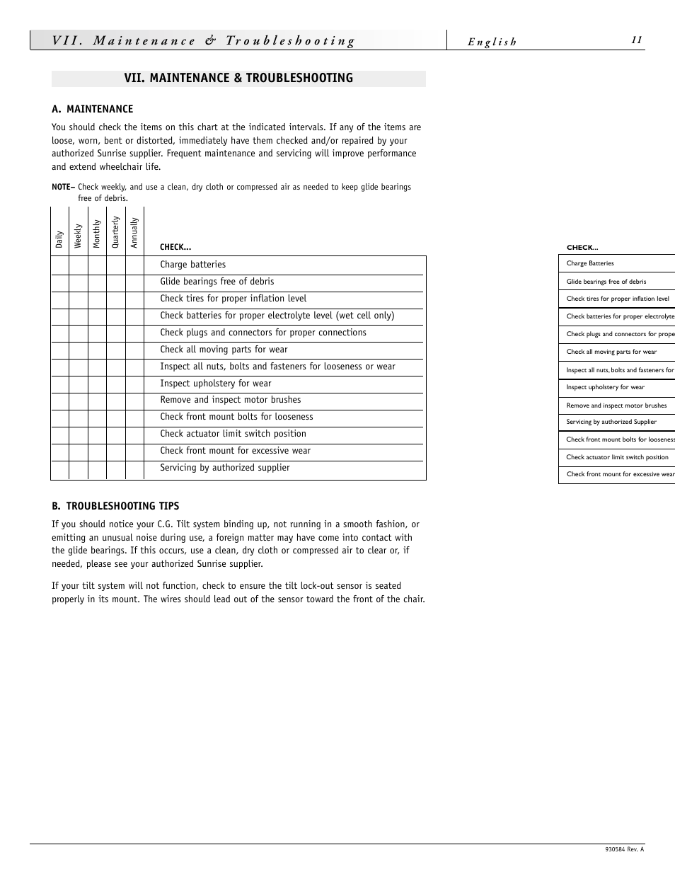 Vii. maintenance & troubleshooting | Sunrise Medical FREESTYLE M11 User Manual | Page 11 / 40