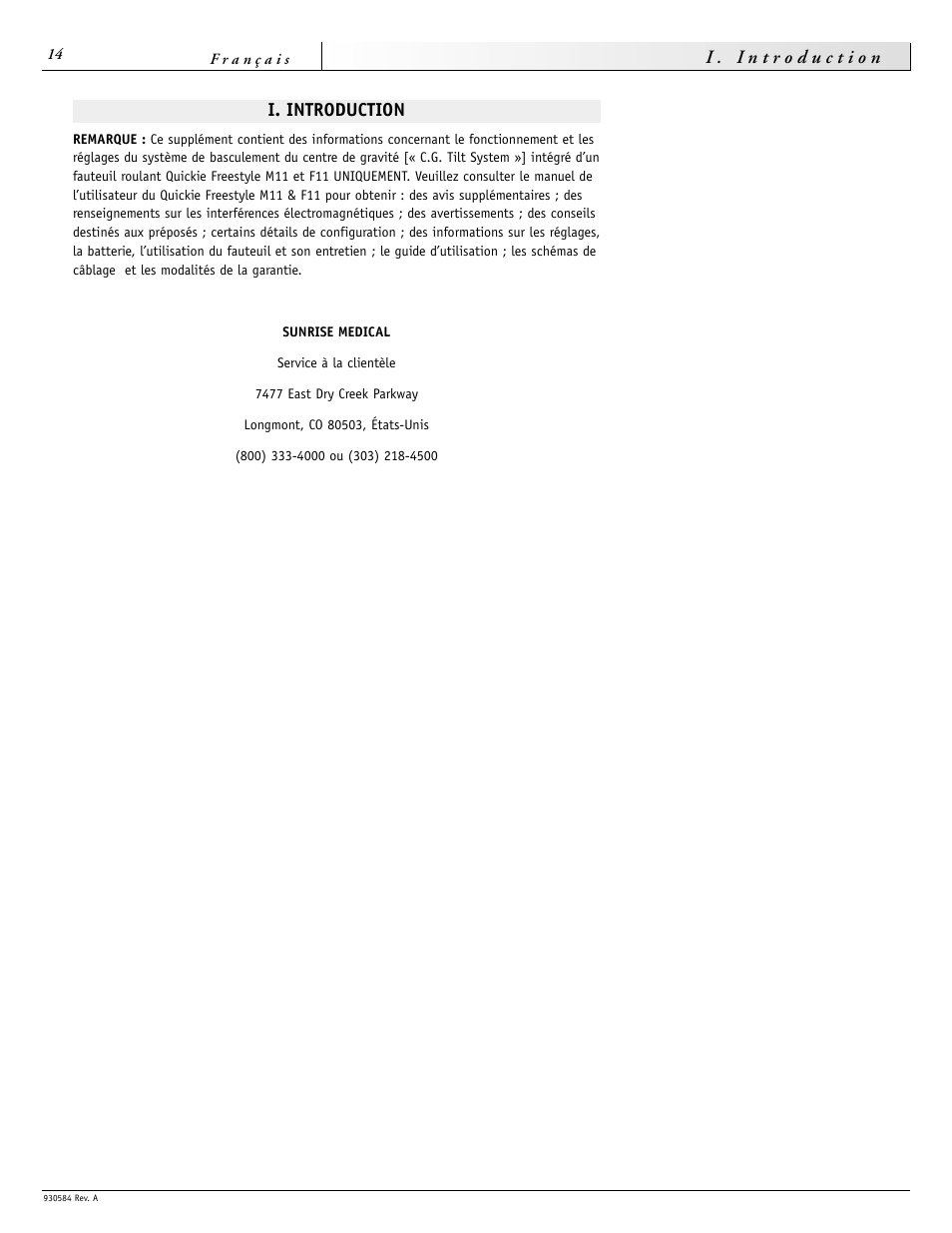 I. introduction | Sunrise Medical FREESTYLE M11 User Manual | Page 14 / 40