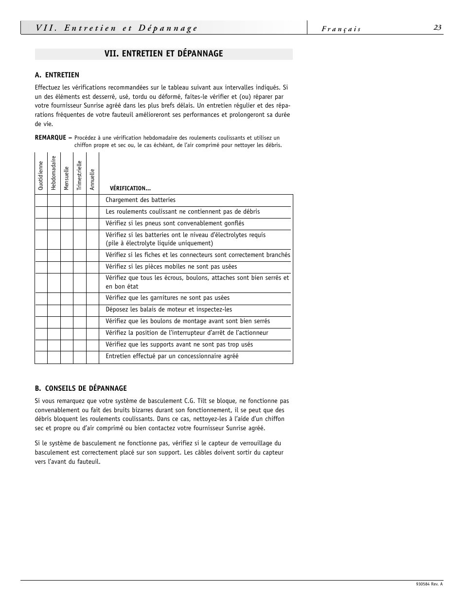 Vii. entretien et dépannage | Sunrise Medical FREESTYLE M11 User Manual | Page 23 / 40