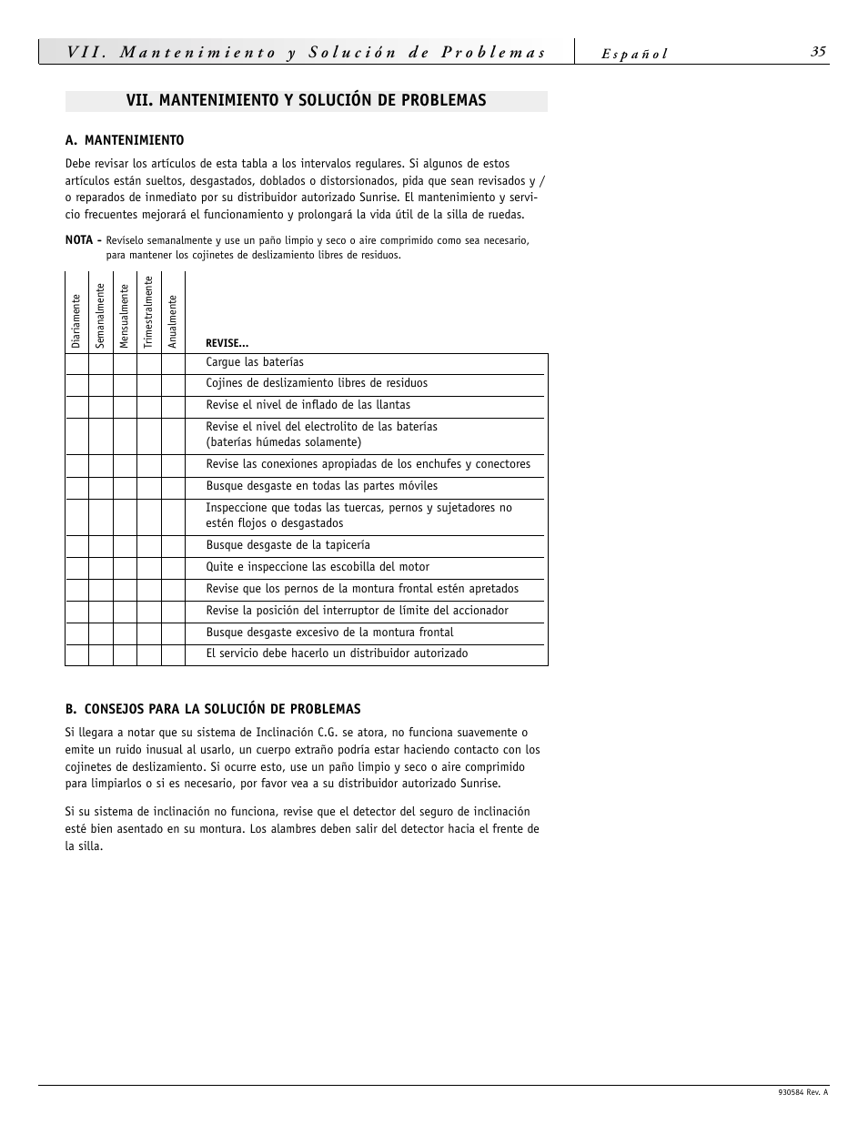 Vii. mantenimiento y solución de problemas | Sunrise Medical FREESTYLE M11 User Manual | Page 35 / 40