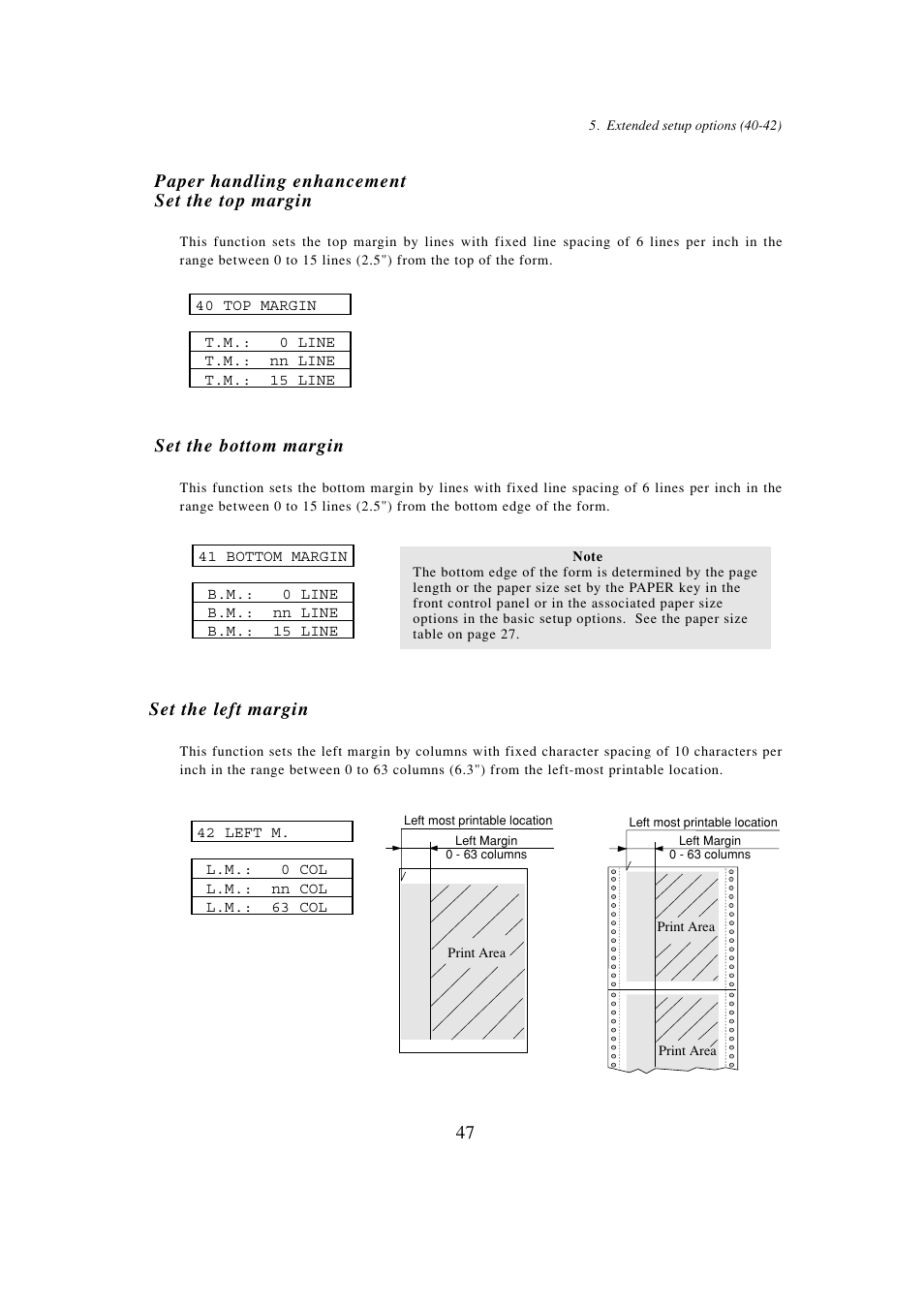 Paper handling enhancement, 40 set the top margin, 41 set the bottom margin | 42 set the left margin, Paper handling enhancement set the top margin, Set the bottom margin, Set the left margin | Seiko BX-900 User Manual | Page 55 / 146