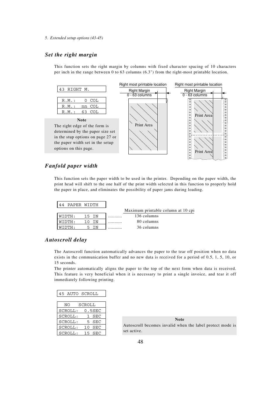 43 set the right margin, 44 fanfold paper width, 45 autoscroll delay | Set the right margin, Fanfold paper width, Autoscroll delay | Seiko BX-900 User Manual | Page 56 / 146