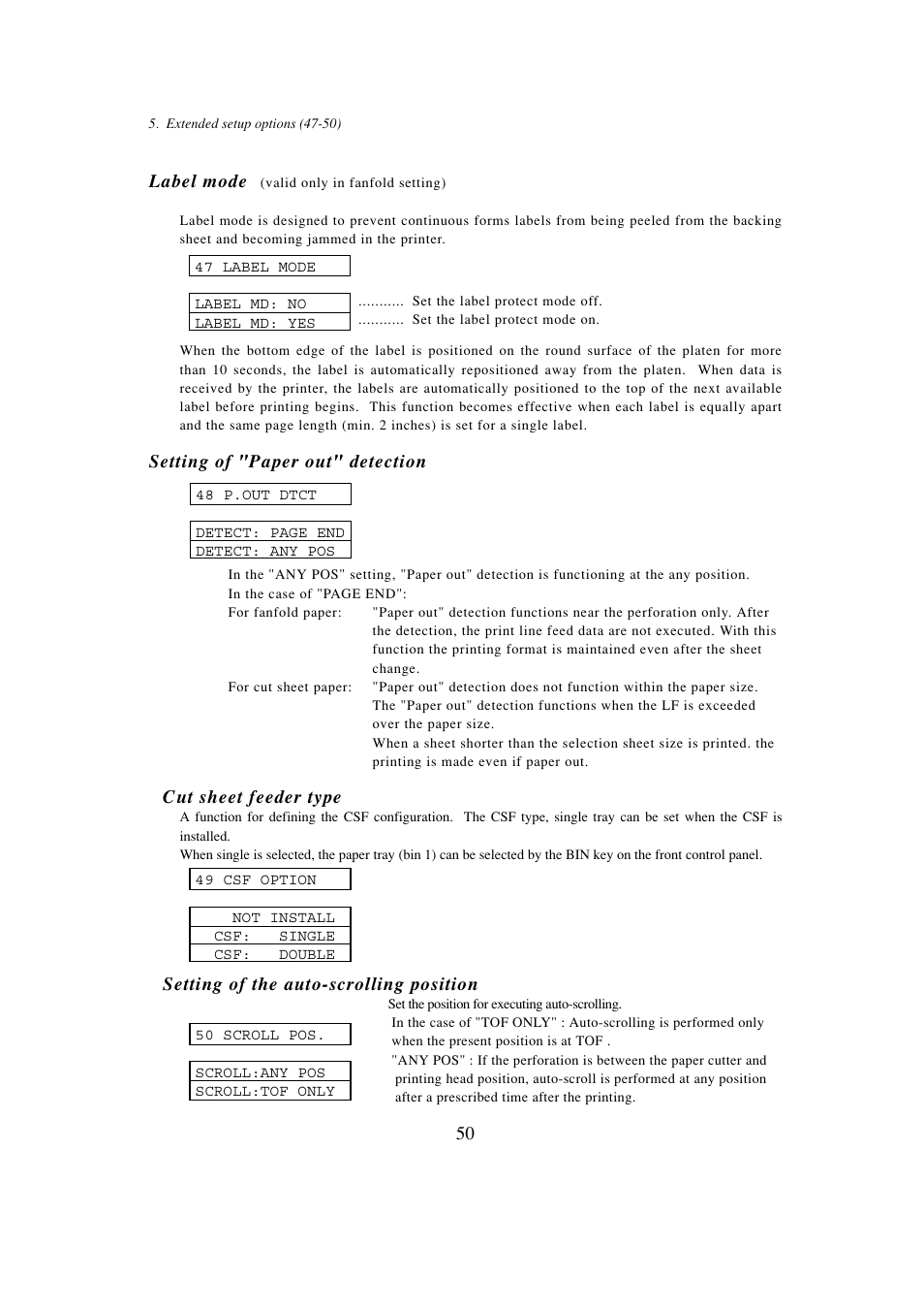 47 label mode, 48 setting of "paper out" detection, 49 cut sheet feeder type | 50 setting of the auto-scrolling position | Seiko BX-900 User Manual | Page 58 / 146