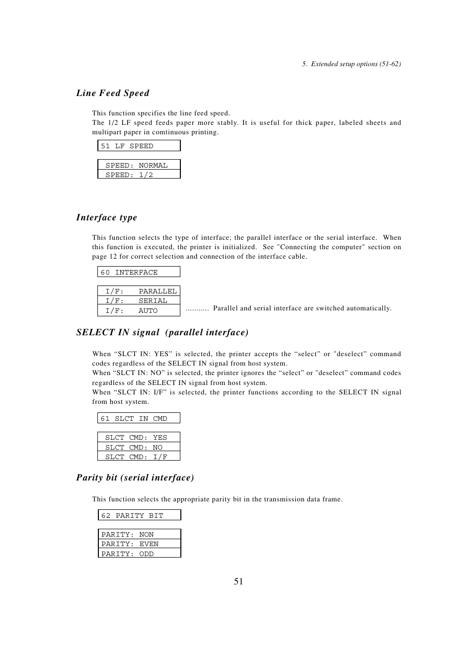 51 line feed speed, Communication enhancement, 60 interface type | 61 select in signal (parallel interface), 62 parity bit (serial interface) | Seiko BX-900 User Manual | Page 59 / 146