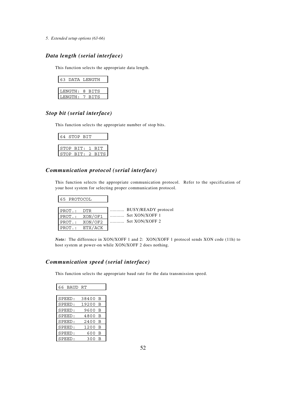 63 data length (serial interface), 64 stop bit (serial interface), 65 communication protocol (serial interface) | 66 communication speed (serial interface) | Seiko BX-900 User Manual | Page 60 / 146