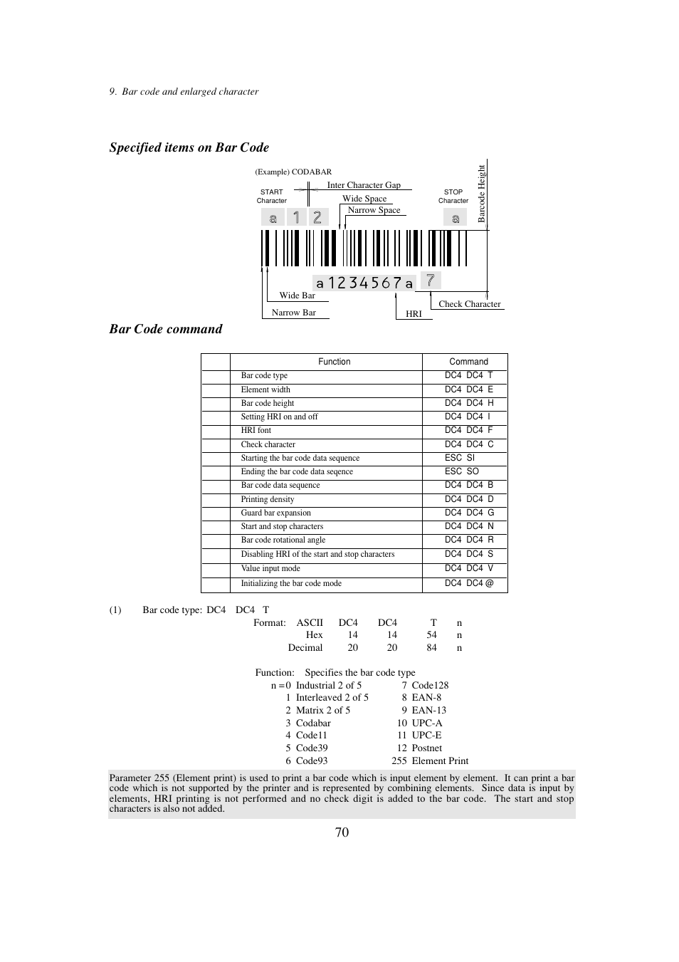 Specified items on bar code, Bar code command, 1) bar code type | Specified items on bar code bar code command | Seiko BX-900 User Manual | Page 78 / 146