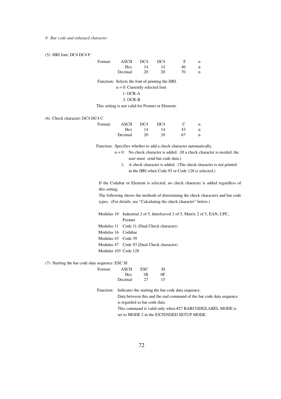 5) hri font, 6) check character, 7) beginning of the bar code data sequence | Seiko BX-900 User Manual | Page 80 / 146