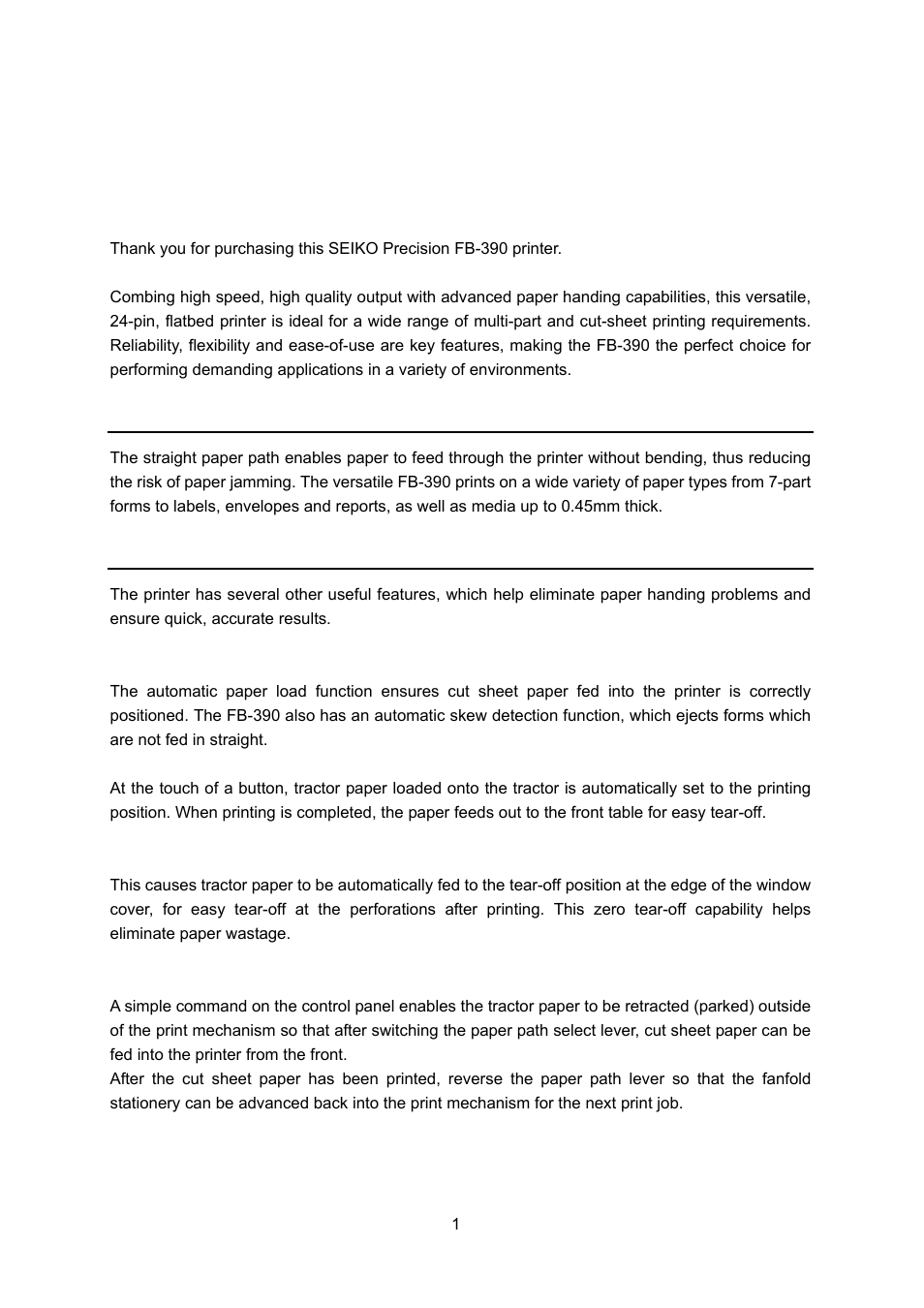 Chapter 1 overview, Features | Seiko FB 390 User Manual | Page 6 / 50
