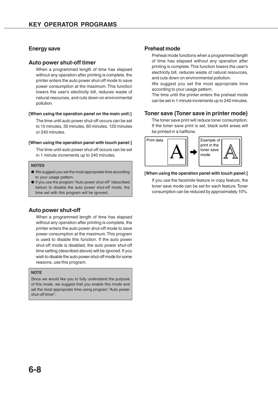 Key operator programs, Energy save auto power shut-off timer, Auto power shut-off | Preheat mode, Toner save {toner save in printer mode | Sharp AR-P350 User Manual | Page 104 / 118