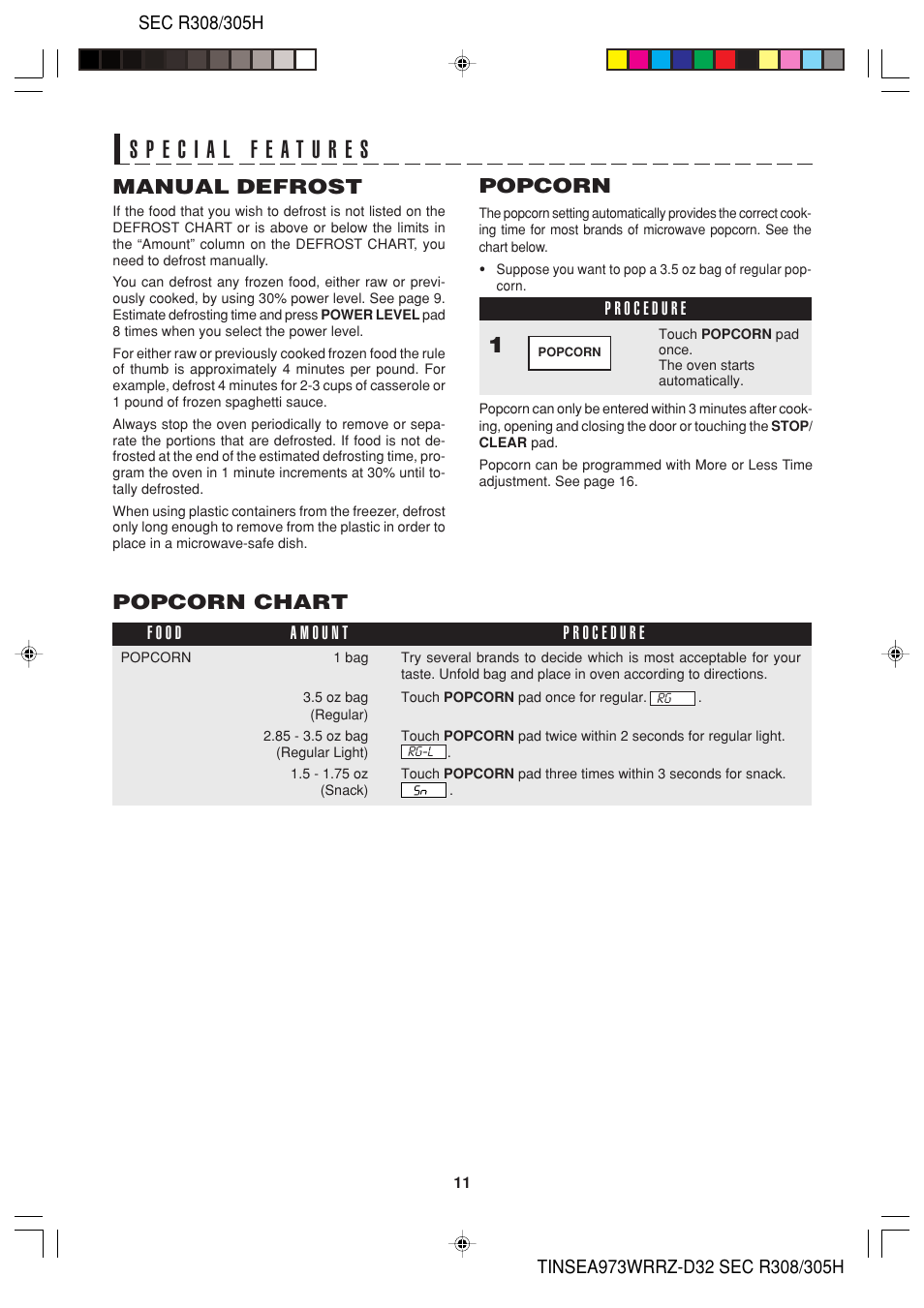 Manual defrost, Popcorn, Popcorn chart | Sharp HW User Manual | Page 13 / 24