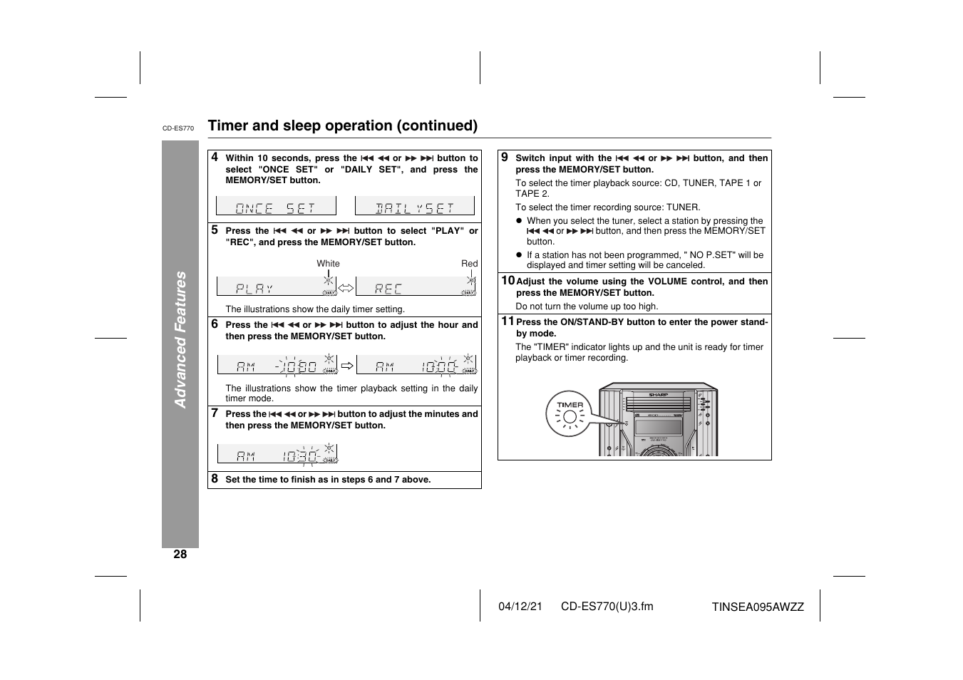 Advanced features, Timer and sleep operation (continued) | Sharp CP-ES770 User Manual | Page 28 / 36
