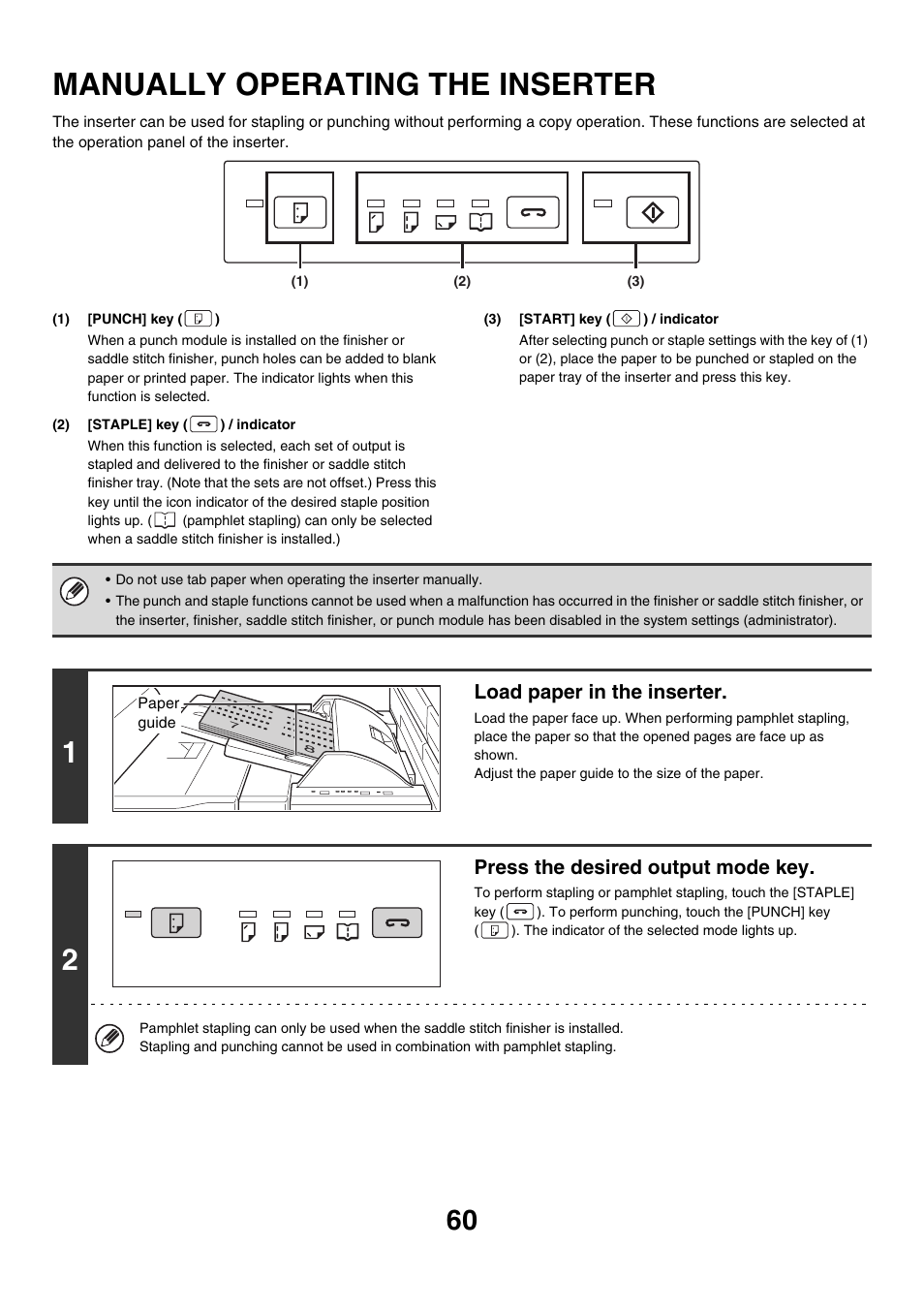 Manually operating the inserter, Load paper in the inserter, Press the desired output mode key | Sharp MX-7001 User Manual | Page 60 / 710