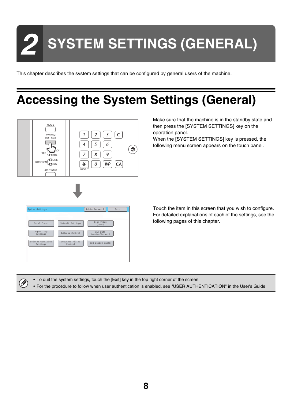 System settings (general), Accessing the system settings (general), System settings | General) | Sharp MX-7001 User Manual | Page 611 / 710