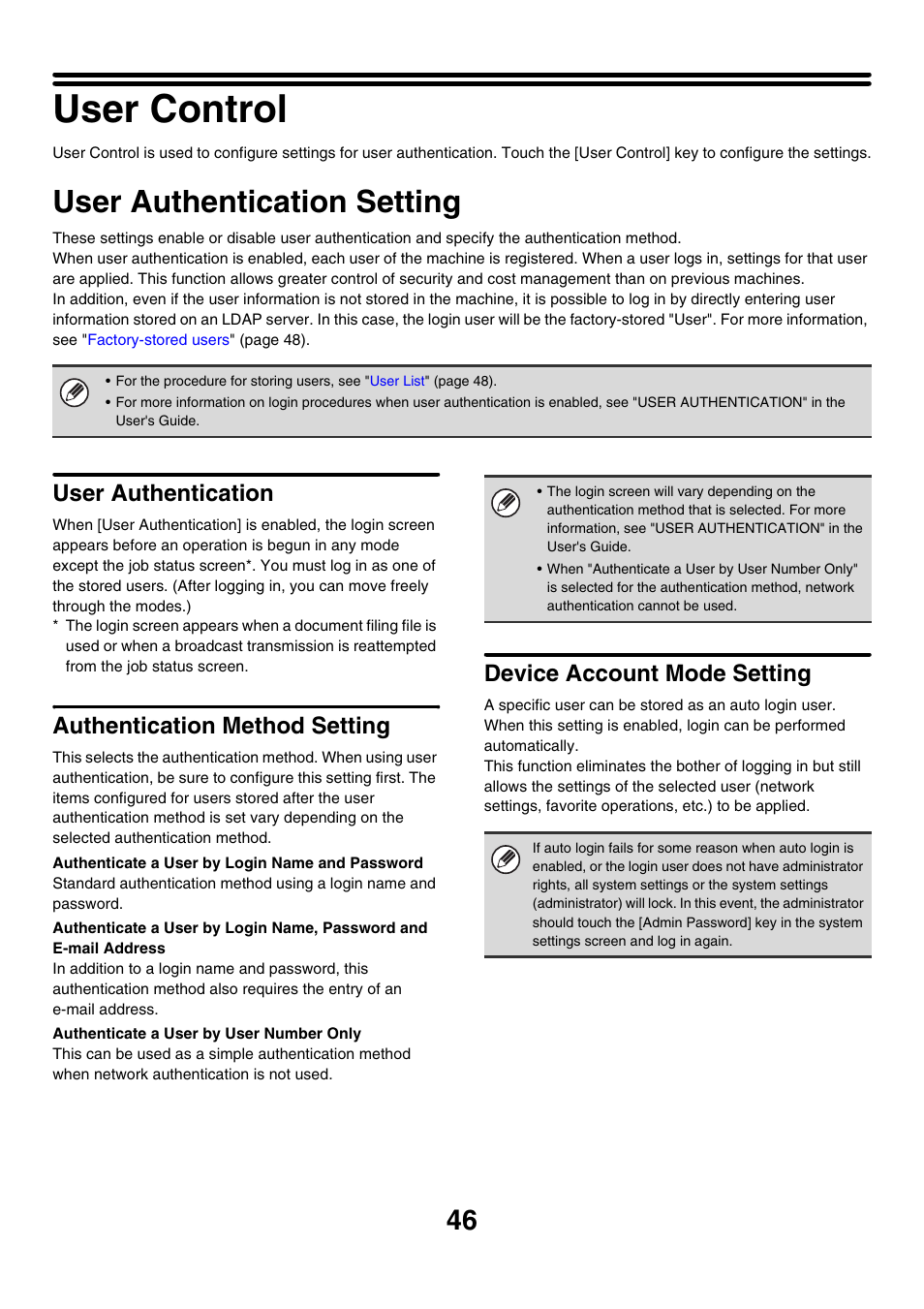 User control, User authentication setting, When | User authentication, Authentication method setting, Device account mode setting | Sharp MX-7001 User Manual | Page 649 / 710