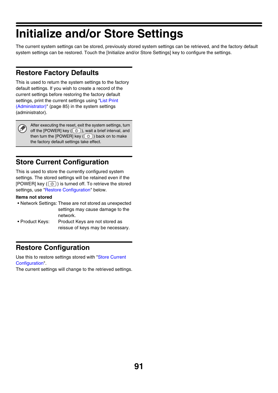 Initialize and/or store settings, Restore factory defaults, Store current configuration | Restore configuration | Sharp MX-7001 User Manual | Page 694 / 710