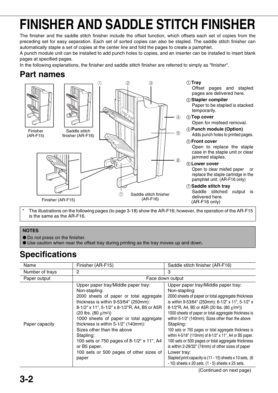 Finisher and saddle stitch finisher, Part names, Specifications | Part names specifications | Sharp AR-M700N User Manual | Page 58 / 172